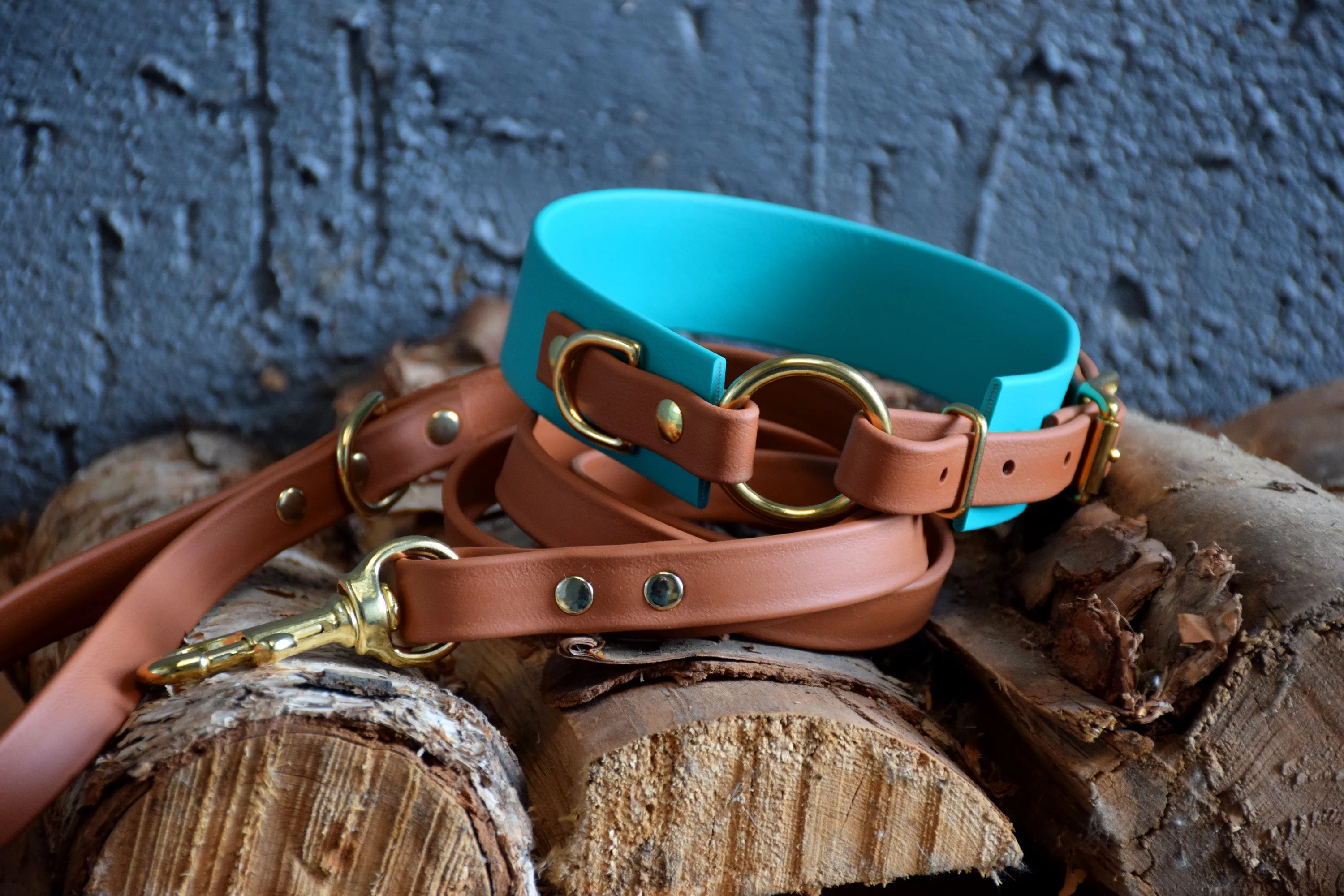 PREMADE COLLECTION - Teal & Tan with Brass, Osgiliath Biothane Dog Collar