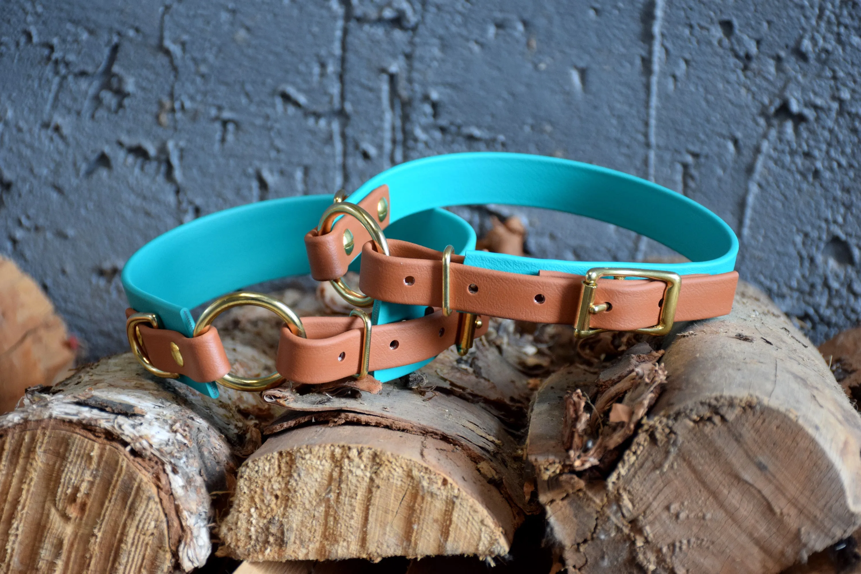 PREMADE COLLECTION - Teal & Tan with Brass, Osgiliath Biothane Dog Collar