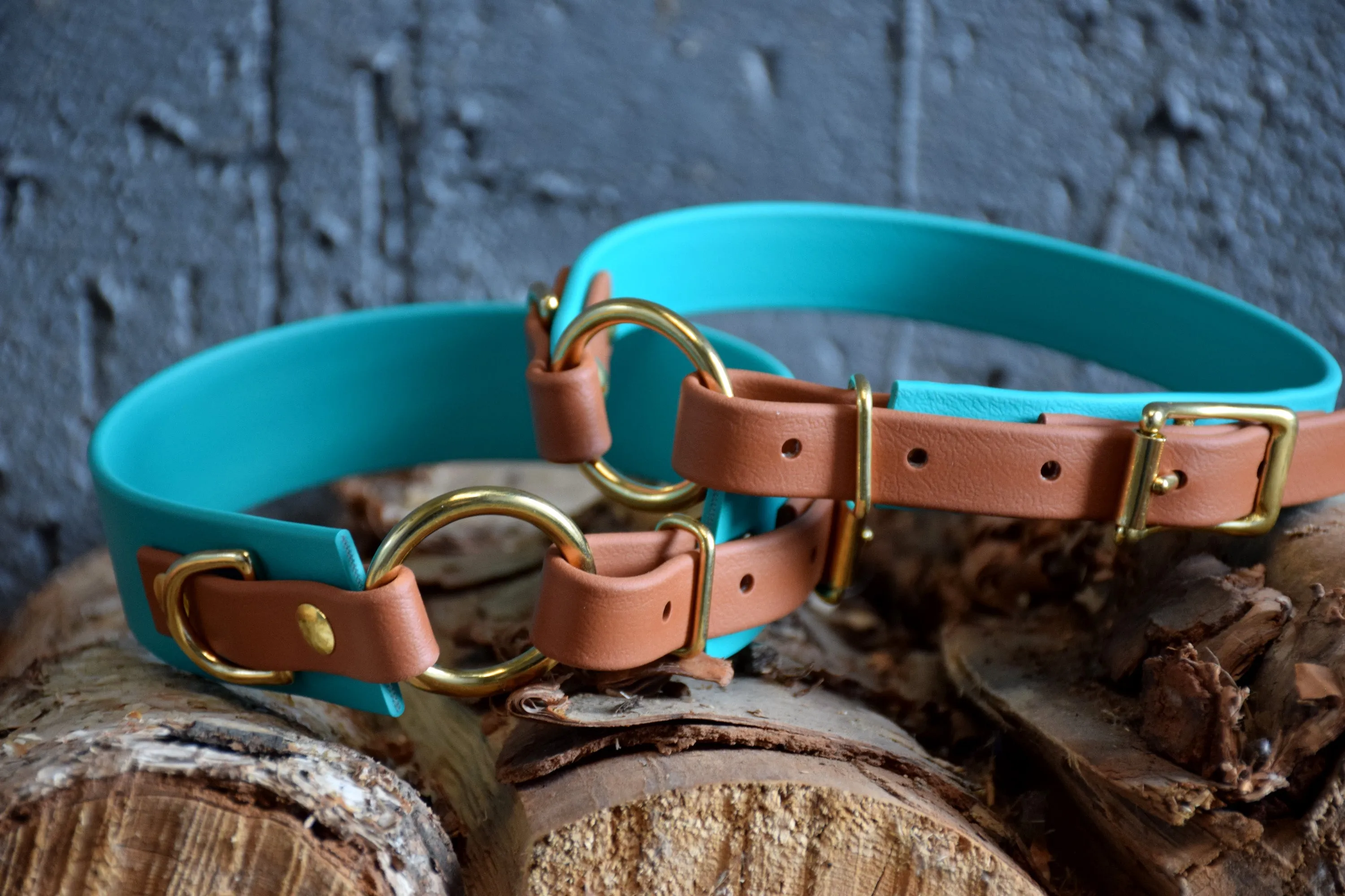 PREMADE COLLECTION - Teal & Tan with Brass, Osgiliath Biothane Dog Collar