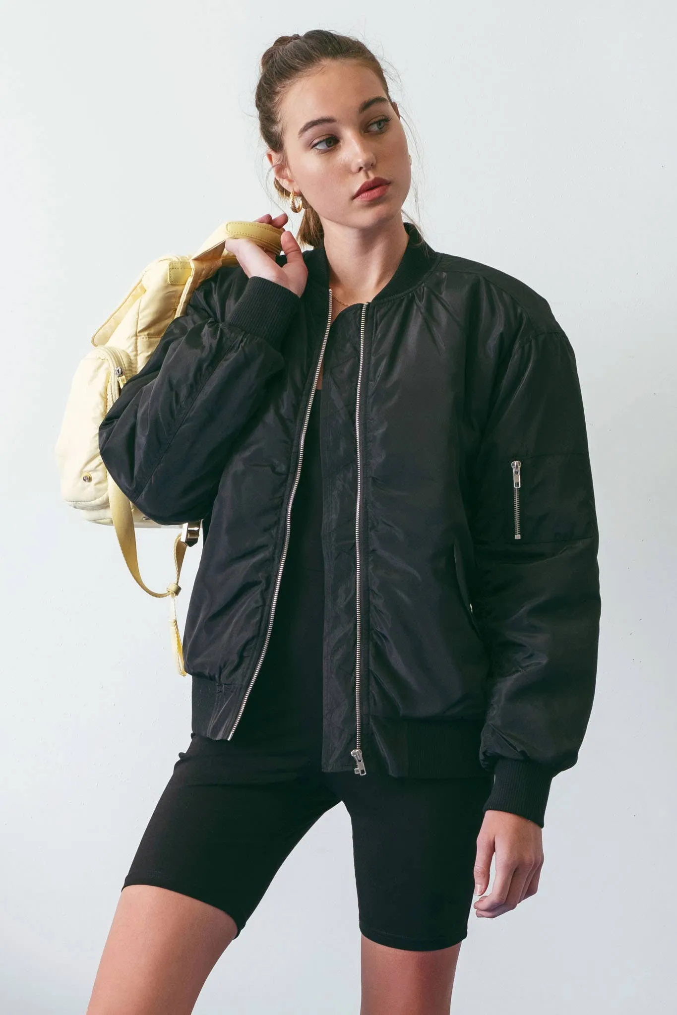 RUCHED ZIP UP BOMBER JACKET