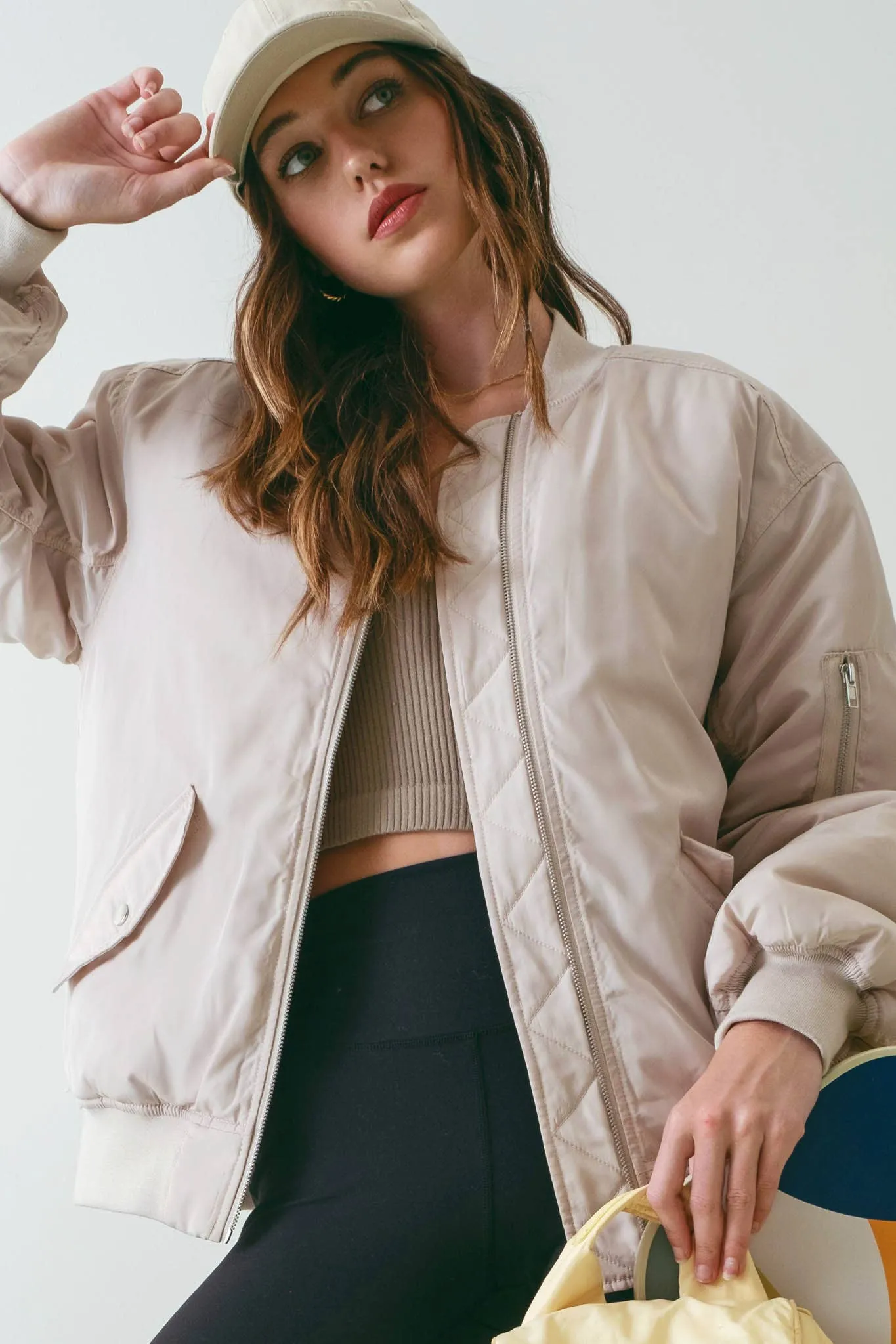 RUCHED ZIP UP BOMBER JACKET