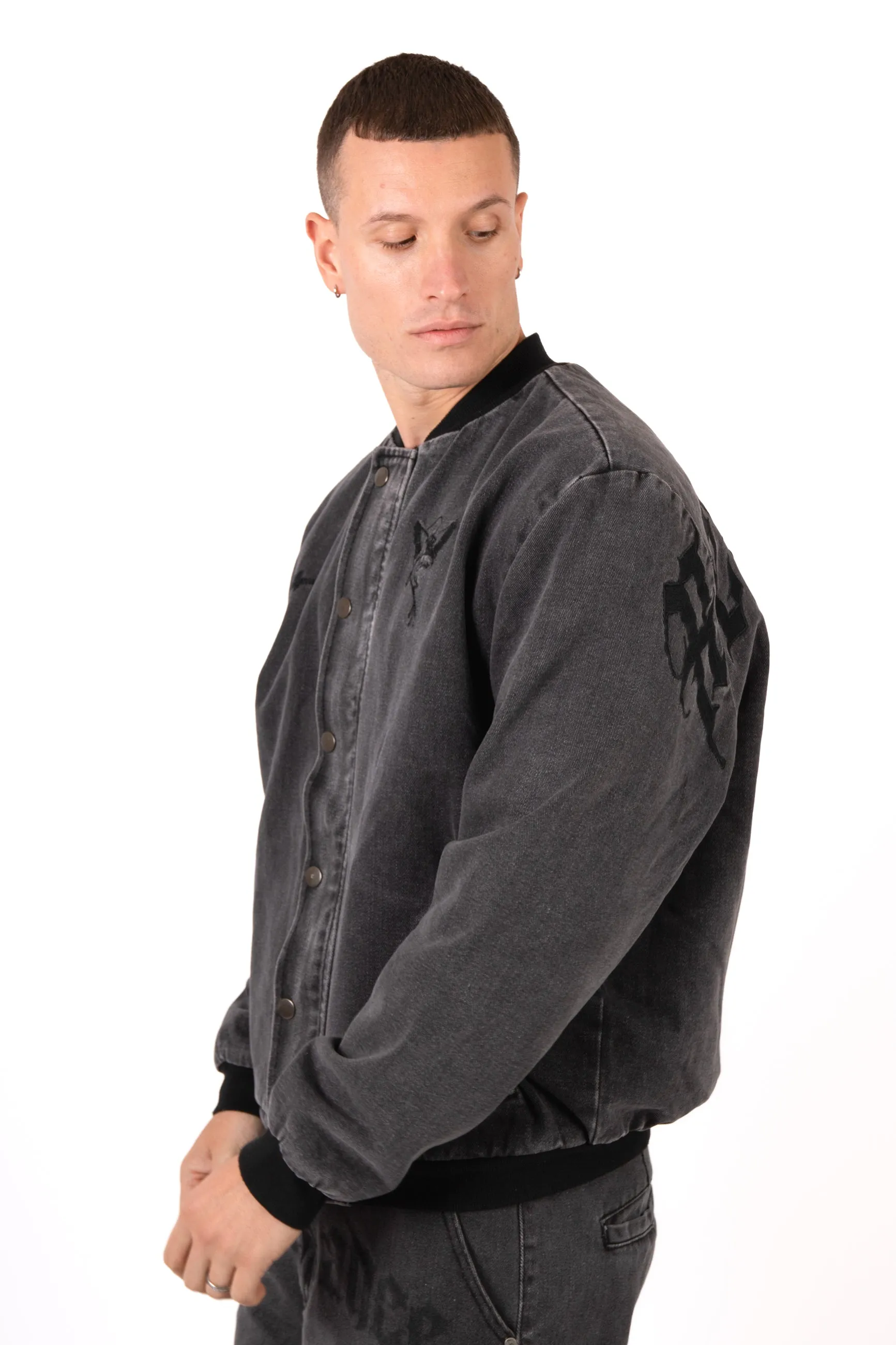 Washed Black 'Repentance' Motif Bomber Jacket