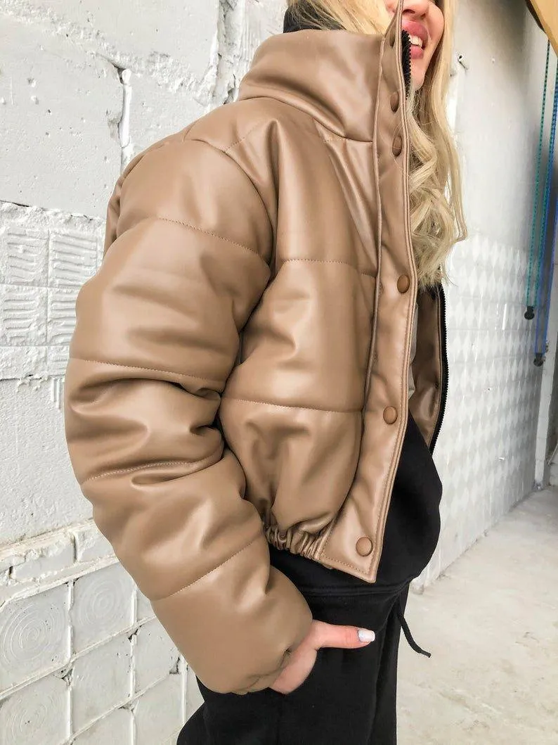 Women Crop Leather Puffer Jacket | QAWACH