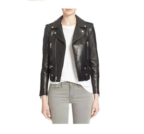 Women’s Black Lambskin Leather Bomber Biker Jacket