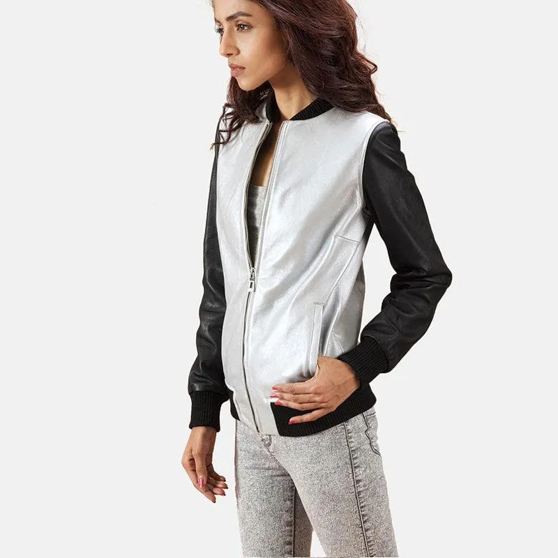 Women's Cole Silver Leather Bomber Jacket