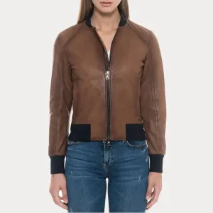 Women's Sugar Brown Lambskin Soft Leather Bomber Jacket